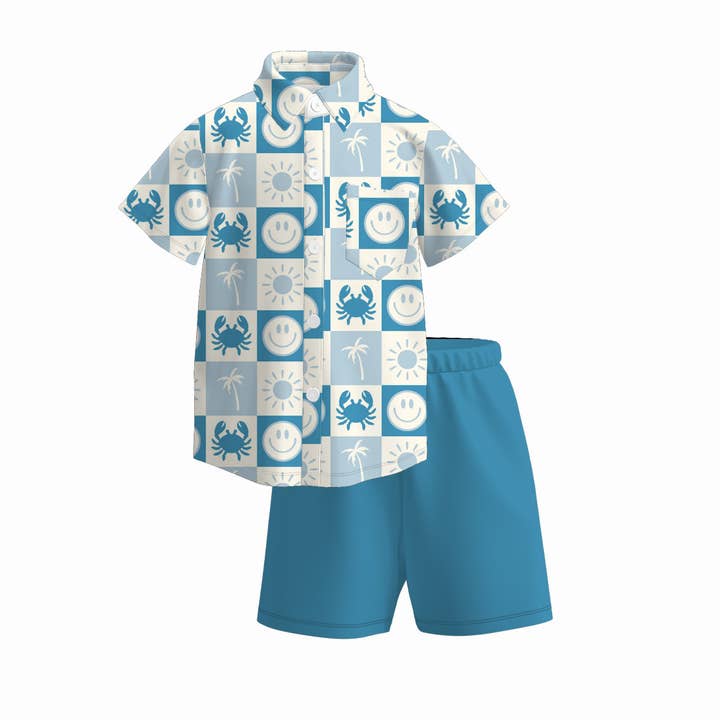 Auraquise - Wholesale Top & Short Set - Kids - Boys Summer Sea Crab Bus Polo Shirt Short Set
