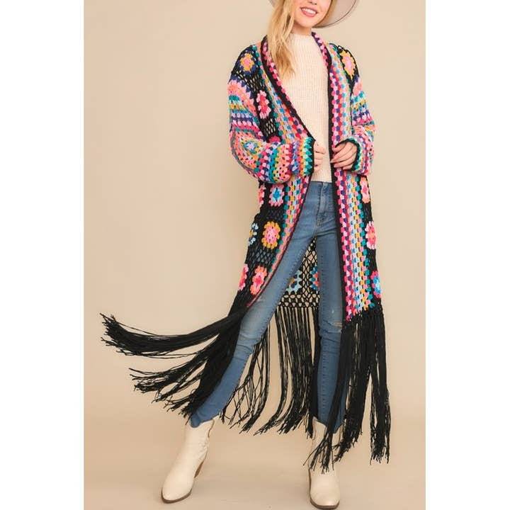 CARDIGAN À FRANGES AU CROCHET COLORÉ DUSTER 8905 pour la vente par Coloring You