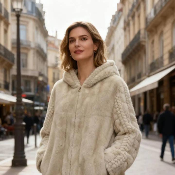 Veste à capuche en fausse fourrure beige avec détails en câble MCZJB Taille unique pour la vente par LOOWIE