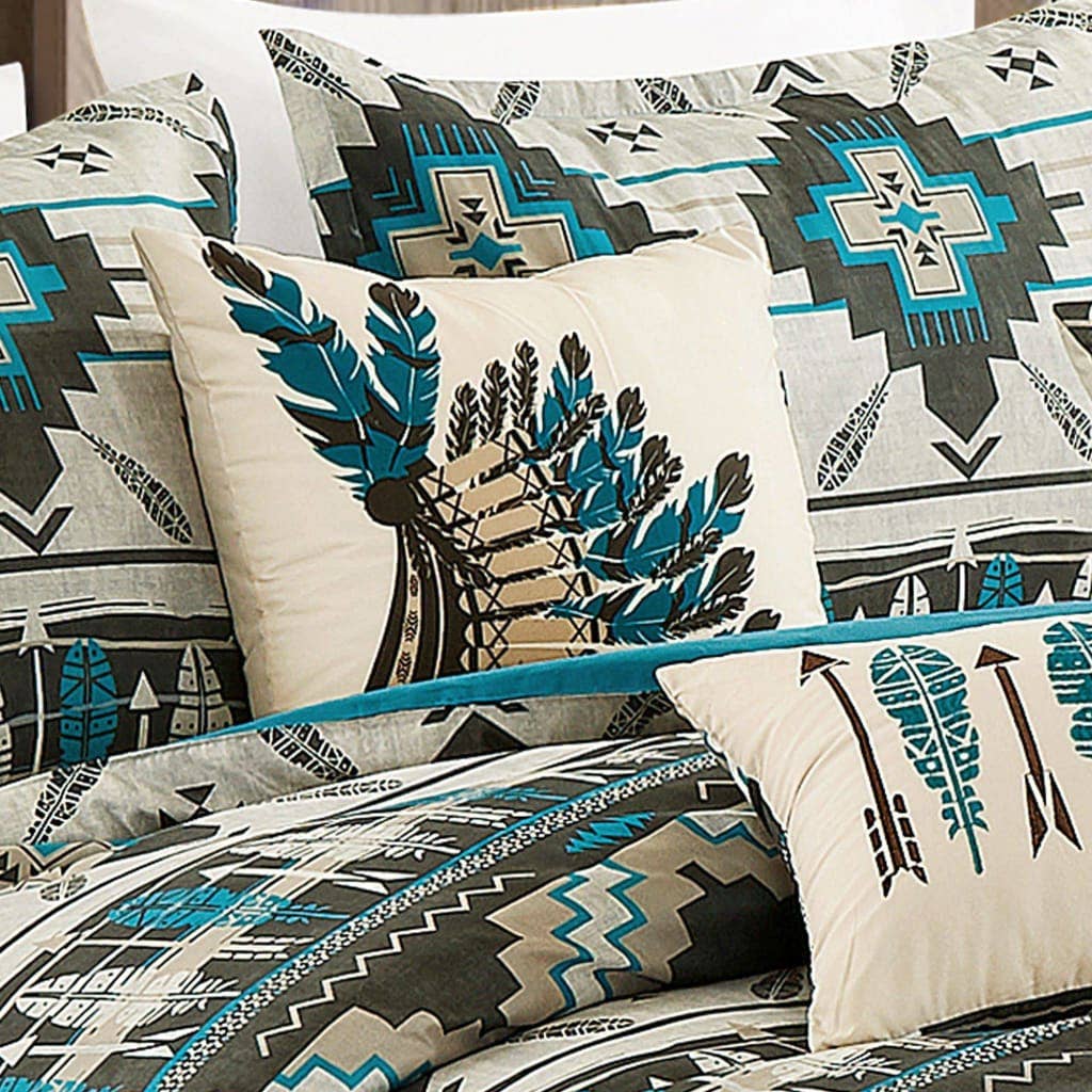 Linen Mart - Wholesale Bedding Set - Southwestern Tan Navajo Turquoise Feather Aztec Comforter - 6 Piece Set3
