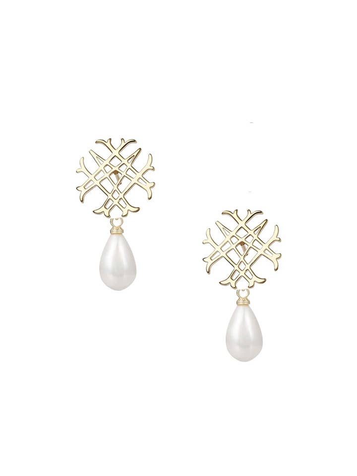 Adorned Logo Pearl Drop Earrings in Gold for wholesale by Natalie Wood Designs