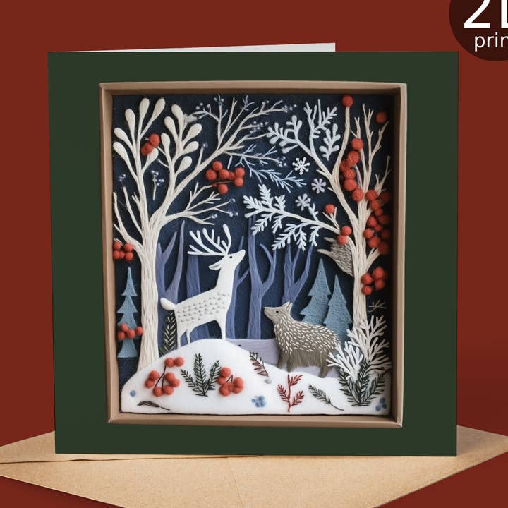 White Stag and Wolf at Christmas 2D Print Shadow Box Card for wholesale by Good Post Day