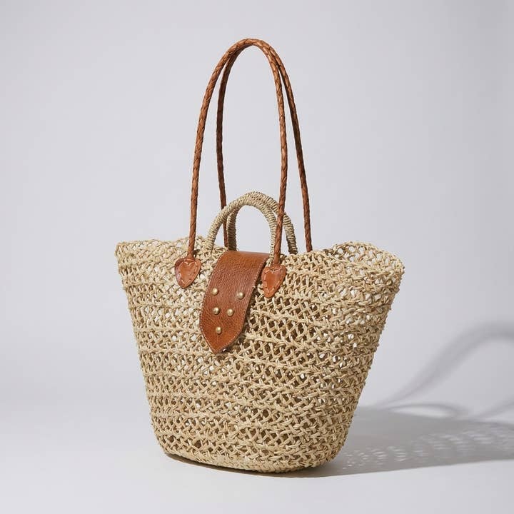 Borsa Tote in Paglia Intrecciata Boho con Manici in Pelle per il Mercato Estivo per la vendita all'ingrosso da parte di Melecraft