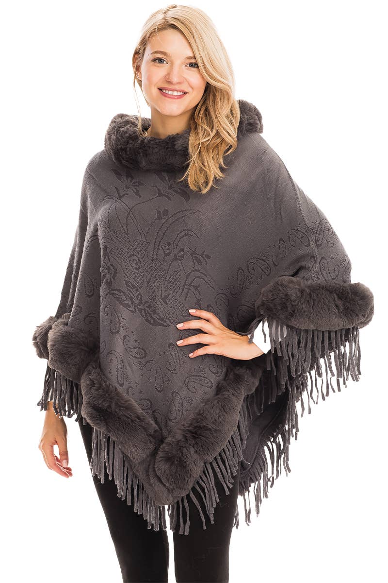 Cap Zone – Großhandel Poncho – Damen – Poncho mit Paisley geprägtem Kunstpelzfutter und Rollkragen10