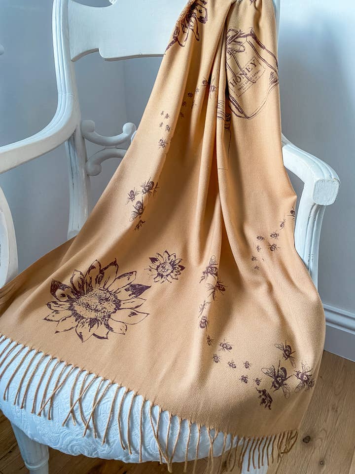 TAN SCARF WITH BEE AND HONEY JAR for wholesale by Candice Wren