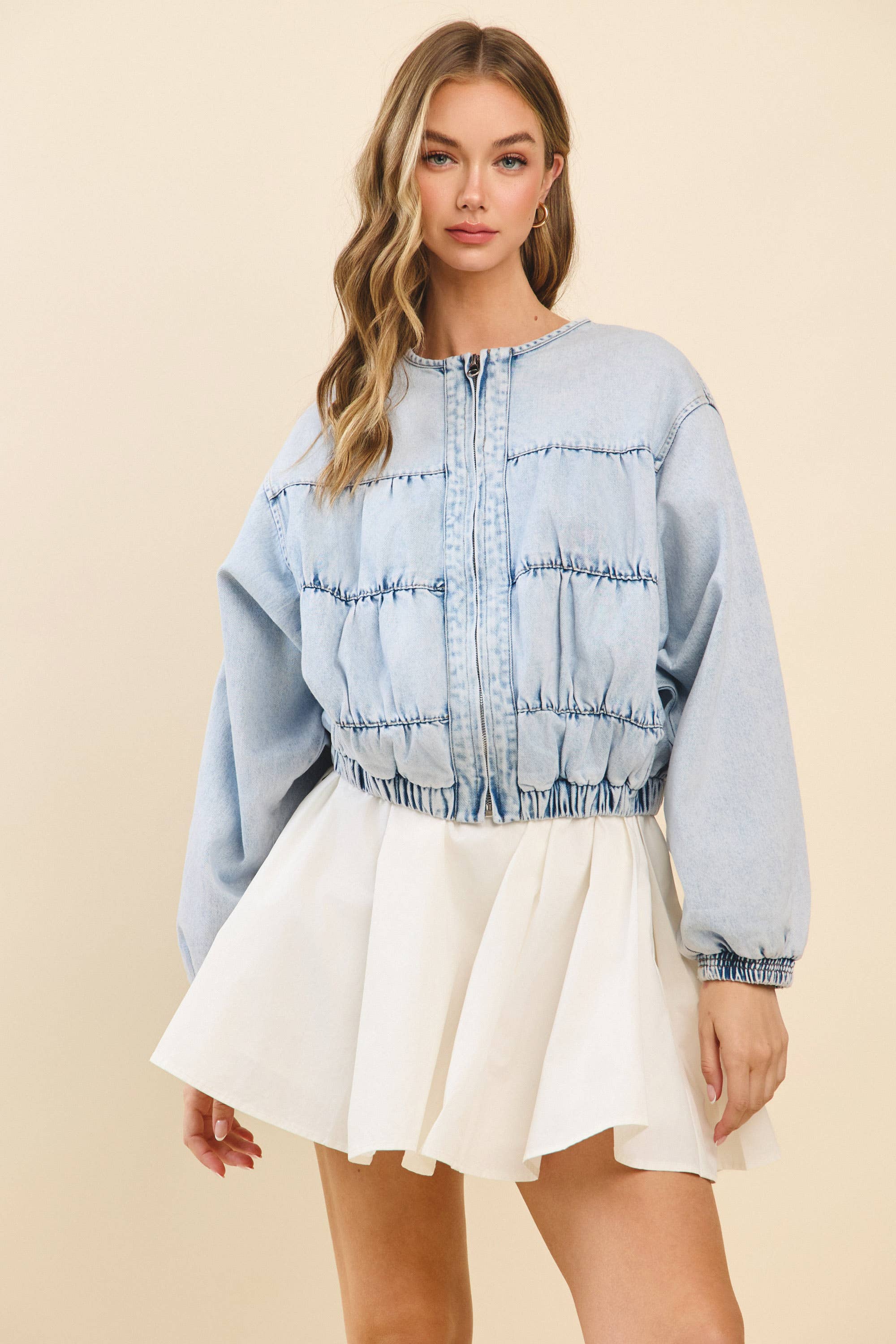 CJ6651-Relaxed Fit Gathered Smoking Detail Denim Jacket for wholesale on Faire3