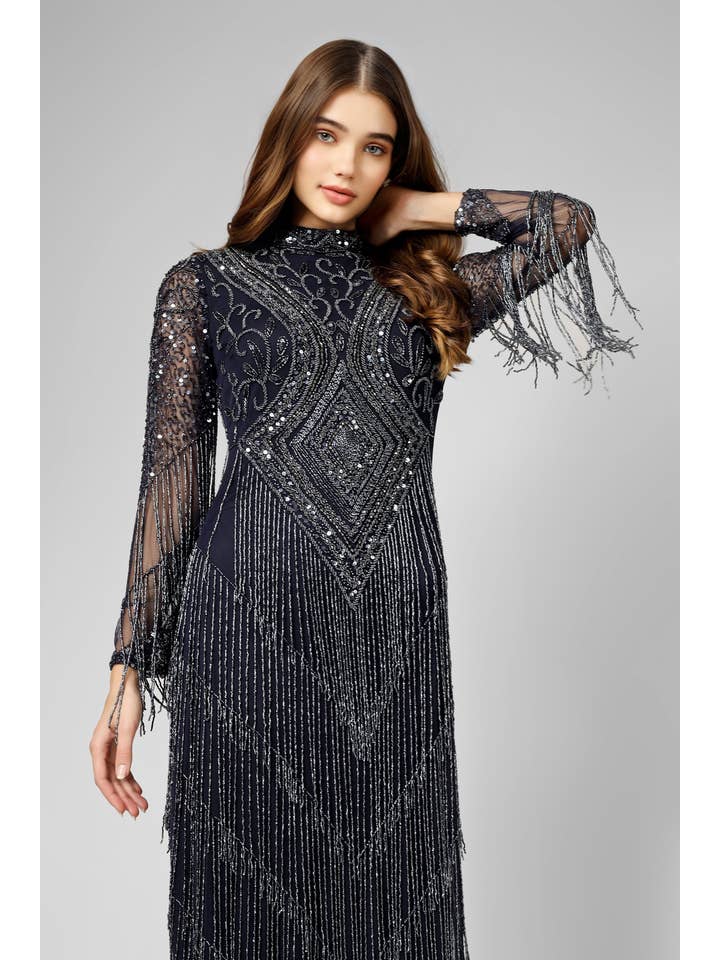 Lissy Navy Blue Fringe Maxi Dress for wholesale on Faire