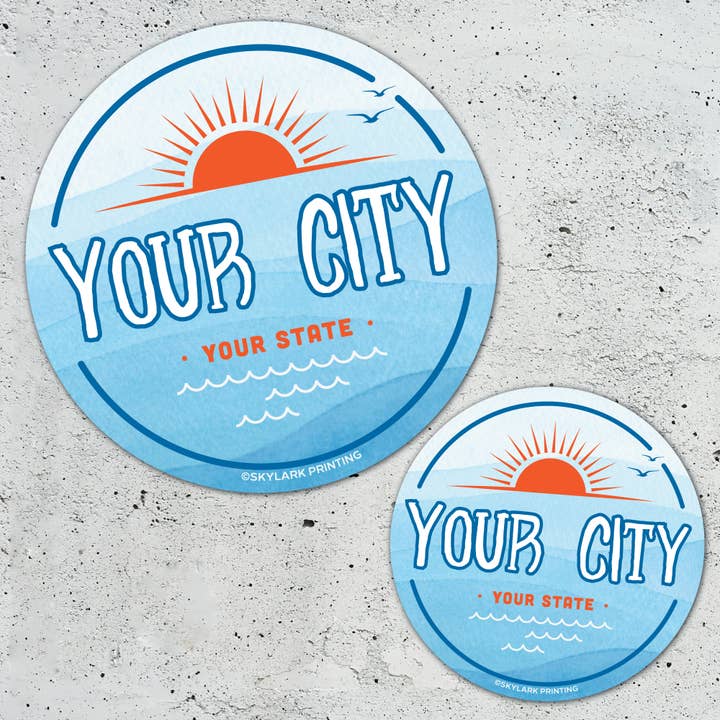 Ocean & Sun Souvenir Sticker with Your City, Beach or State for wholesale by Skylark Printing