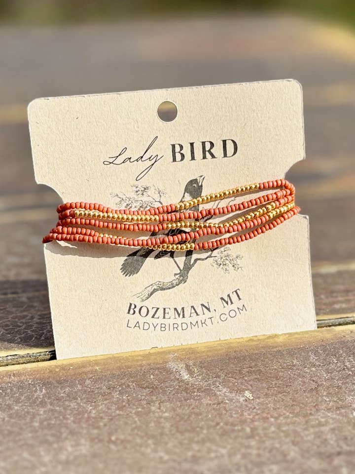Burnt Orange & Silver or Gold Striped Beaded Boho Wrap Bracelet/Necklace for wholesale by Lady Bird Market