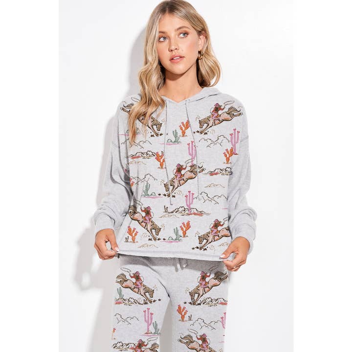 Phil Love - Wholesale Lounge Set - Women's - Desert Cowgirl Print Rib Hoodie Loungewear Set