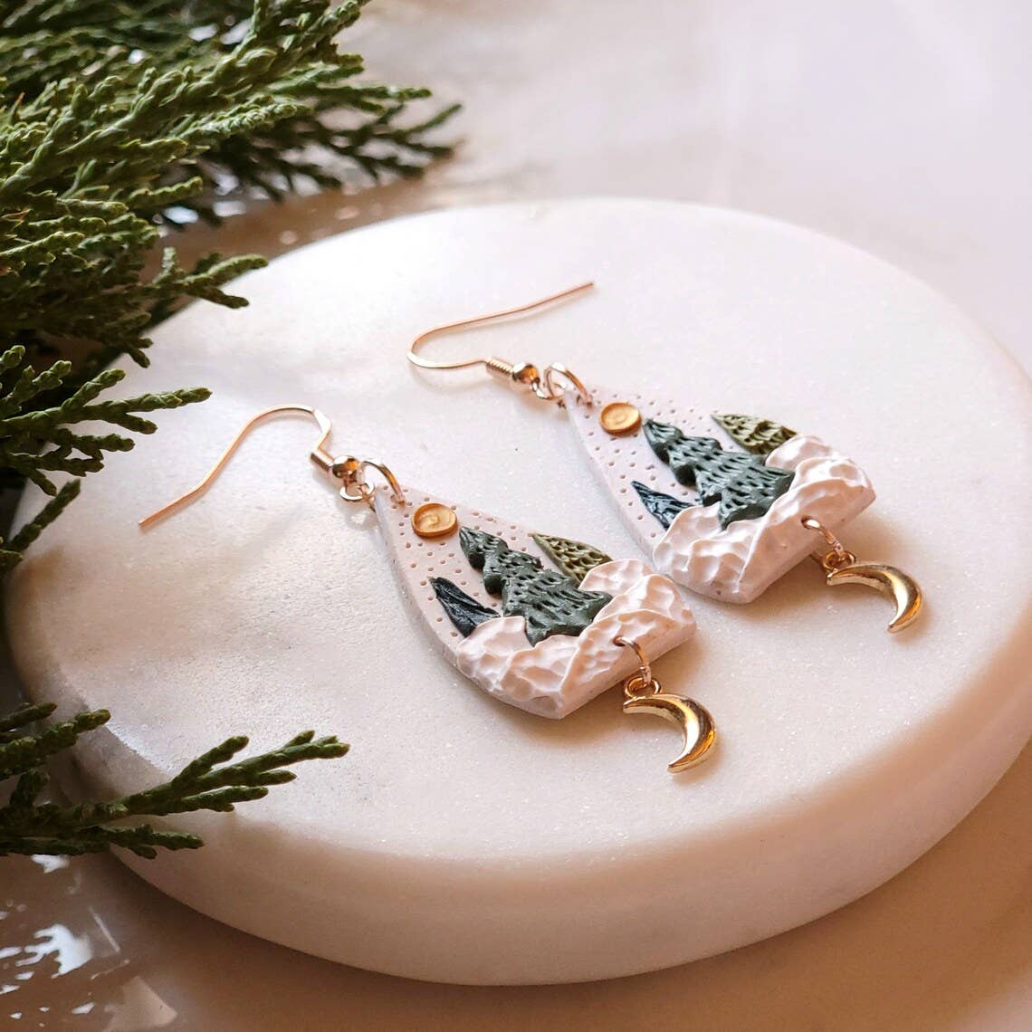 Foxy Method - Wholesale Dangle Earrings - Enchanted Christmas Tree Winter Clay Gold Moon Earrings3
