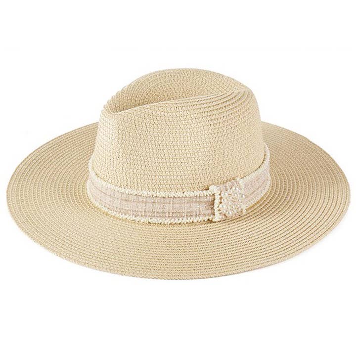 Cappello di paglia con fascia tweed e perle per la vendita all'ingrosso da parte di 3AM BY H&D ACCESSORIES