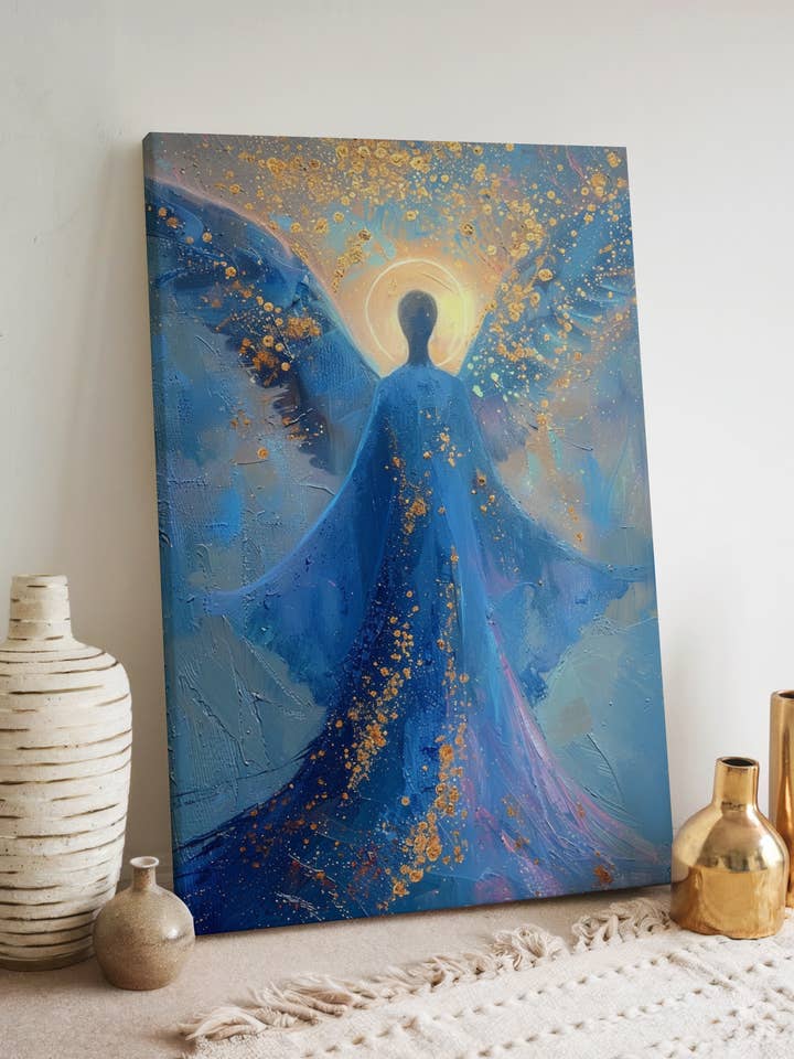 Ljuset ängel – Modern dukmålning i blått och guld för wholesale av Seelenzauberstudio