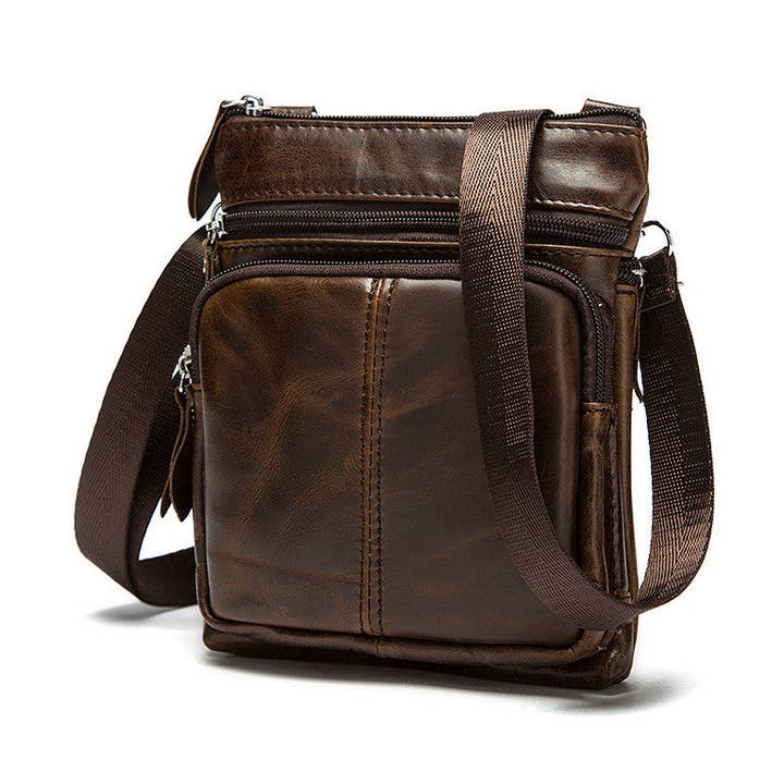Men's Top Grain Genuine Leather Zipper Shoulder Bag, Vintage Leisure Small Messenger Bag 701 for wholesale by RockCow Leather Studio