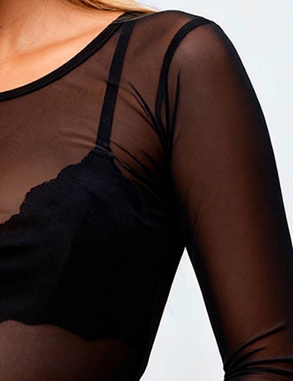 Black Ladies Round Neck Blouse See Sheer Mesh Layring Top SKT4942 for wholesale on Faire2