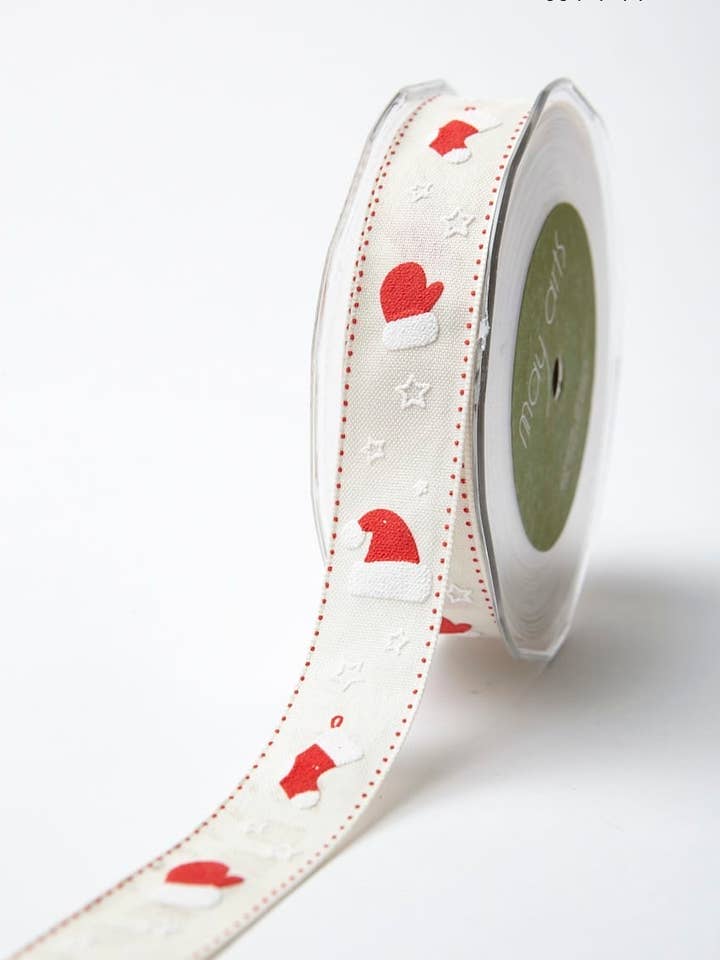 Ruban en coton à imprimé des fêtes de fin d'année de 1 po pour gants et mitaines rouges pour la vente par May Arts Ribbon
