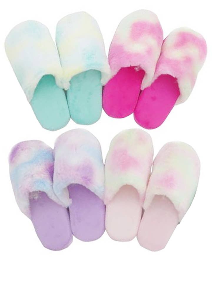 Cap Zone - Wholesale Slippers - Women's - Tie Dye Pastel Fuzzy Fleece Foam Lounge Slippers