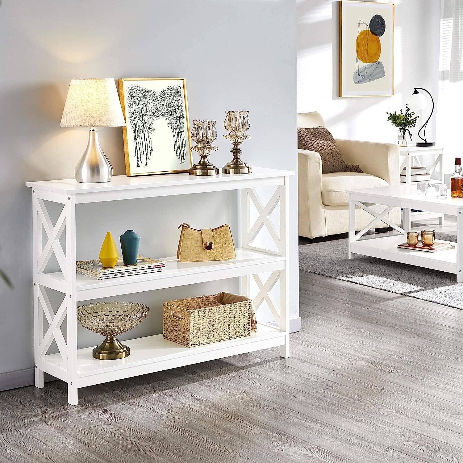 White Three Tier Console Table With Storage Shelves for wholesale on Faire1