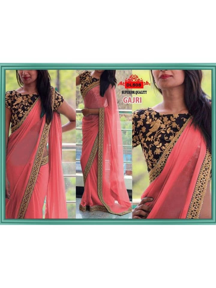 Hot Pink Georgette Plain Saree with Heavy Embroidery Blouse | Indian Festival Sari - Embroidery Work RTS for wholesale by HATKE BRIDE