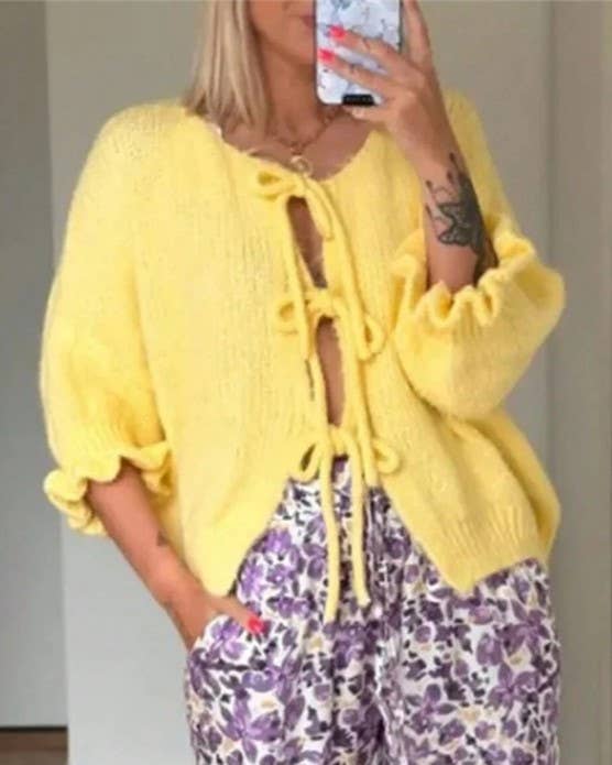 Rosa Clothing - Wholesale Cardigan - Women's - Drawstring Lace-Up Slouchy Cardigan2