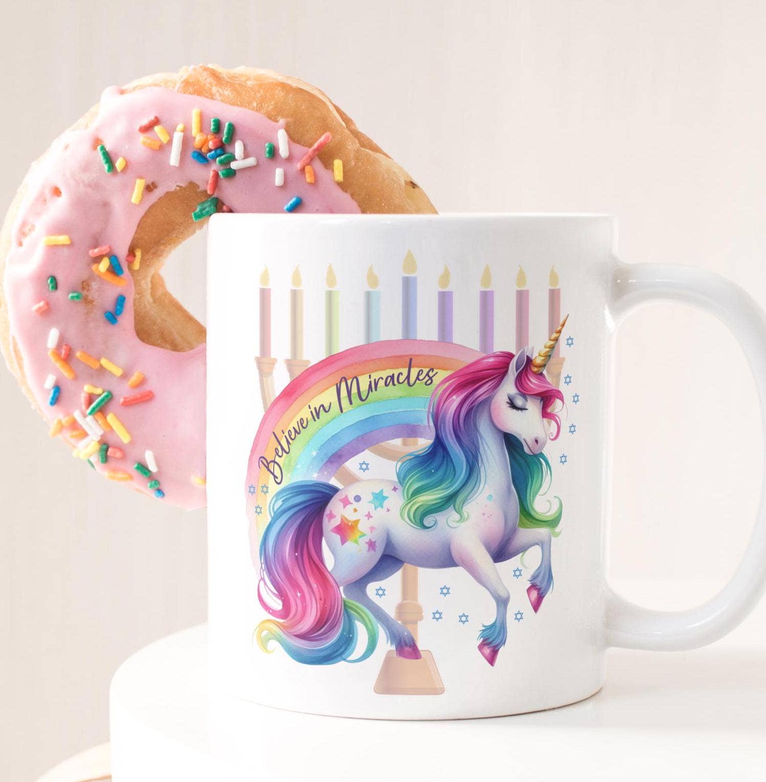 Salt Sparkle Shalom - Wholesale Coffee Mug - Believe in Miracles Unicorn Chanukah Ceramic Coffee Mug0