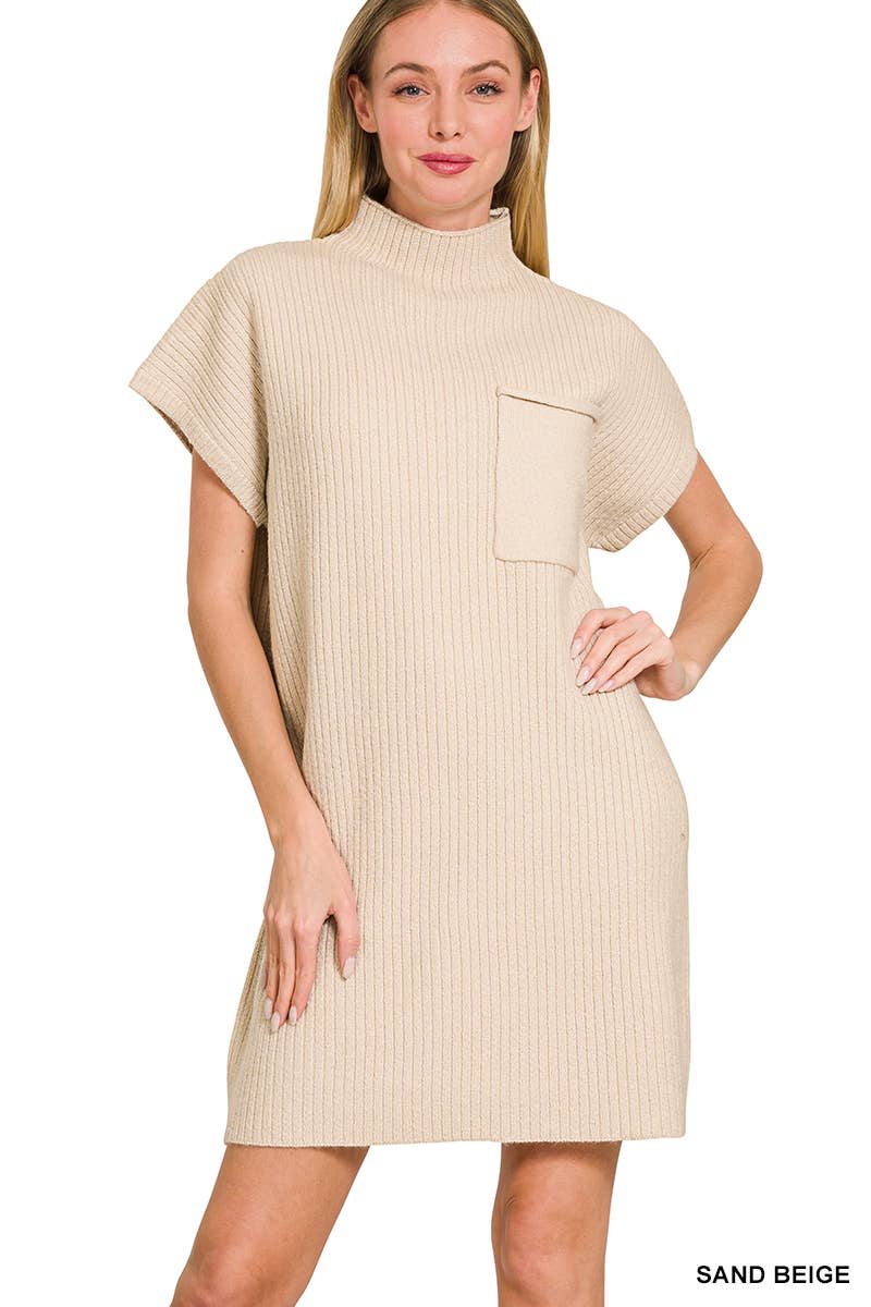 42POPS - Wholesale Dress - Women's - ..SI-26560 Mock Neck Short Sleeve Sweater Dress With Pocket6
