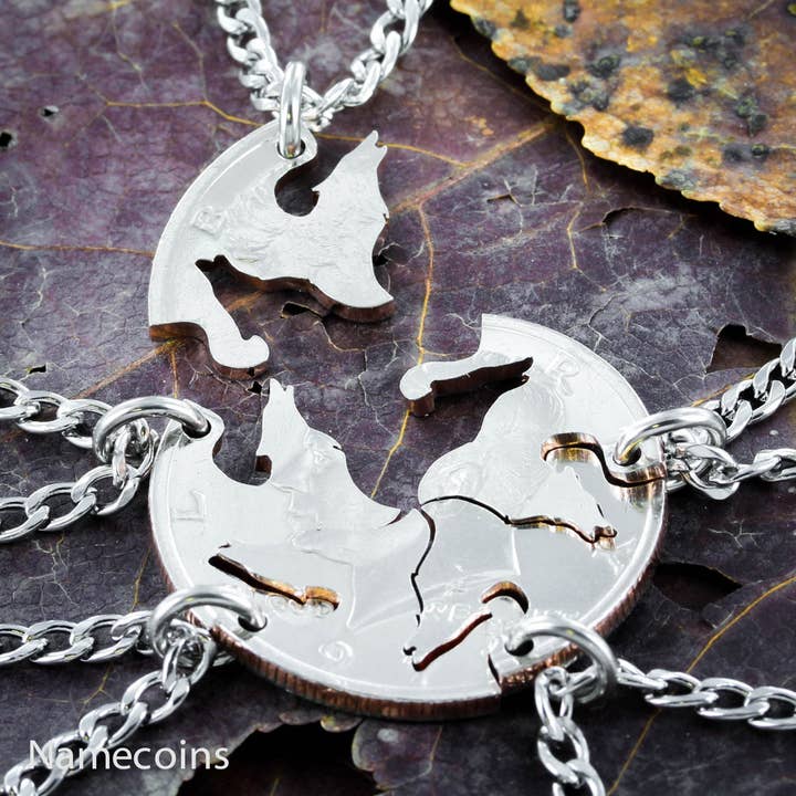 Wolf Pack, 5 Piece Friends and Family Necklace, Hand Cut Coin for wholesale by NameCoins