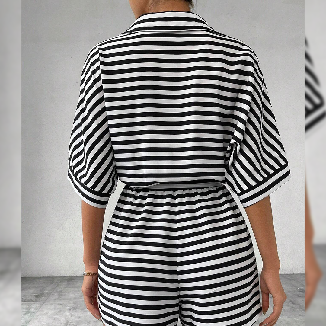 UNISHE - Wholesale Romper - Women's - Summer Striped Lapel Button-Up Belted Shorts Romper AXR12911