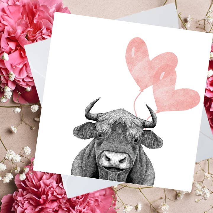 Liebesherzballon-Valentinskarte mit Kuhmotiv für den Großhandel von Dots Allowed