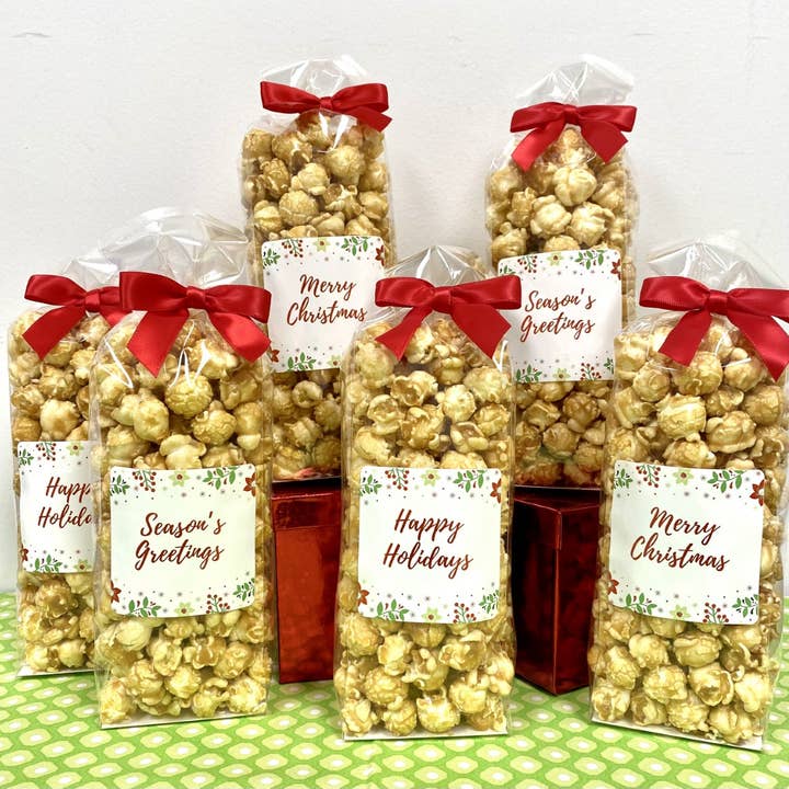 Holiday Caramel Popcorn 4oz Ribbon Bags for wholesale by Popsations Popcorn Company