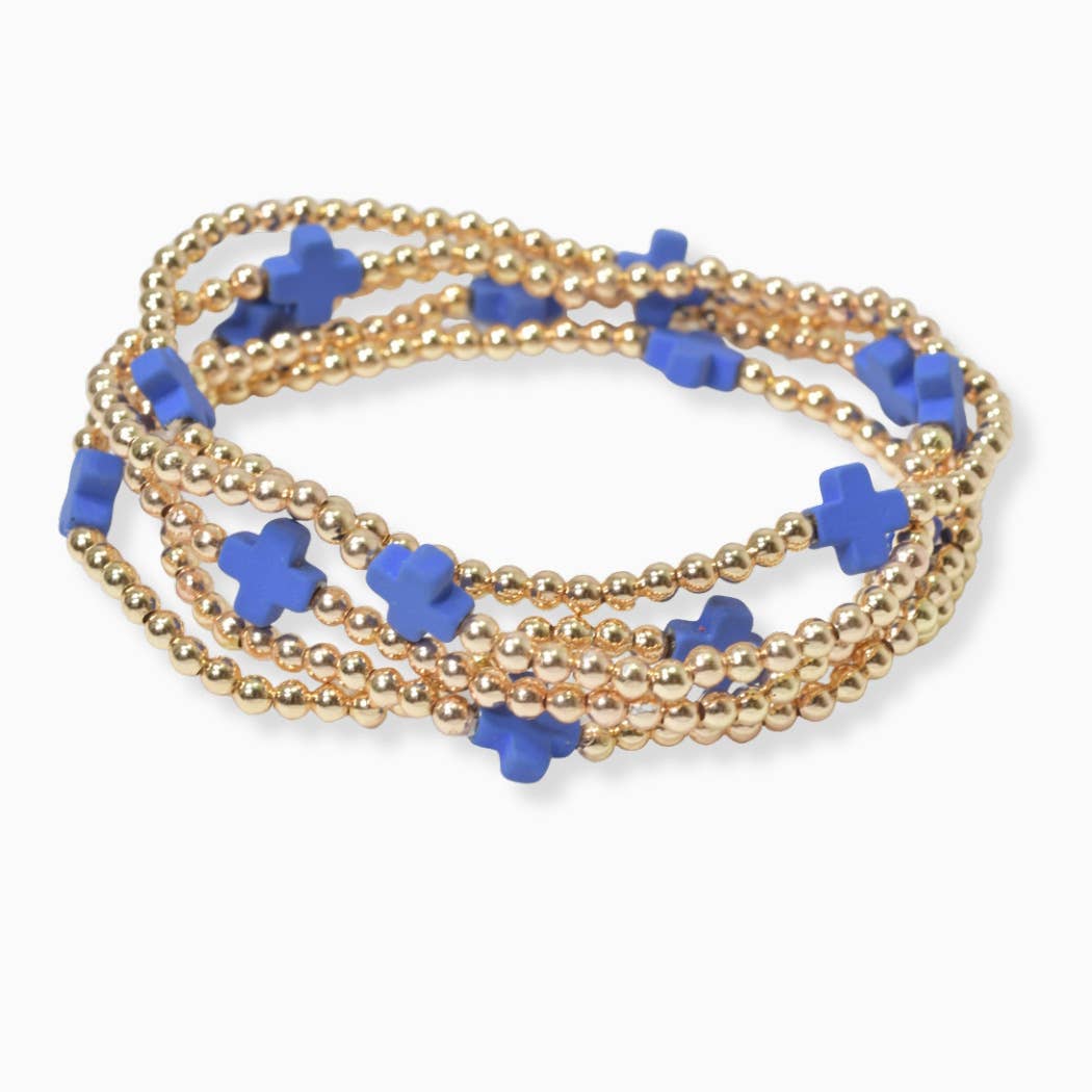 SOPHIA WHOLESALE - Wholesale Beaded Bracelet - Multi layered gold bead stretch bracelet with cross accent n4