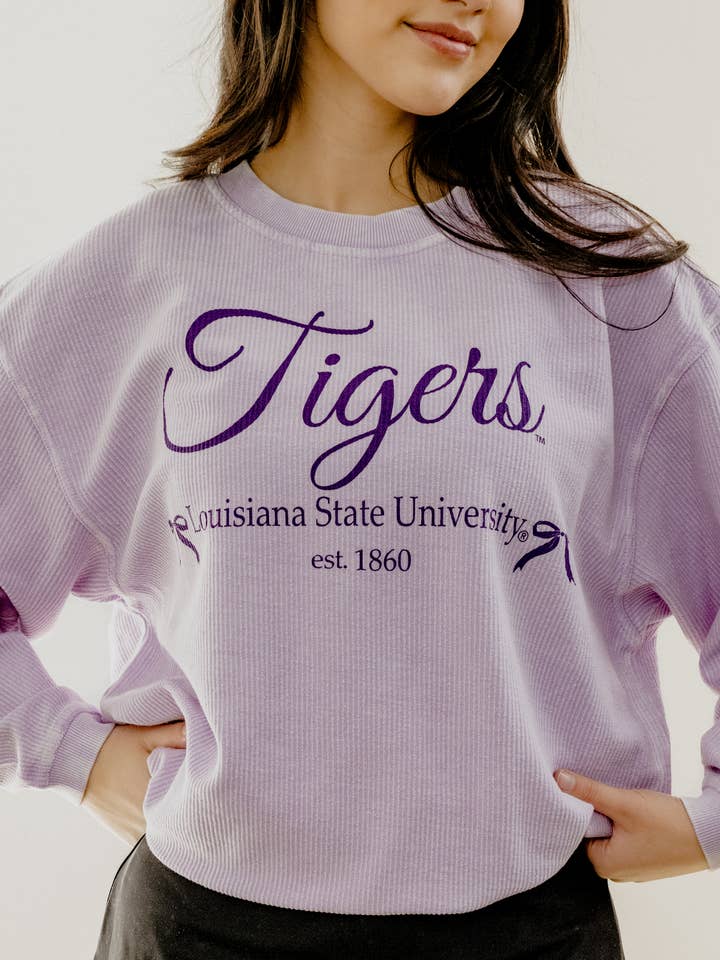 LSU Tigers Established Bows Lilac Corded Crew Sweatshirt for wholesale by LivyLu