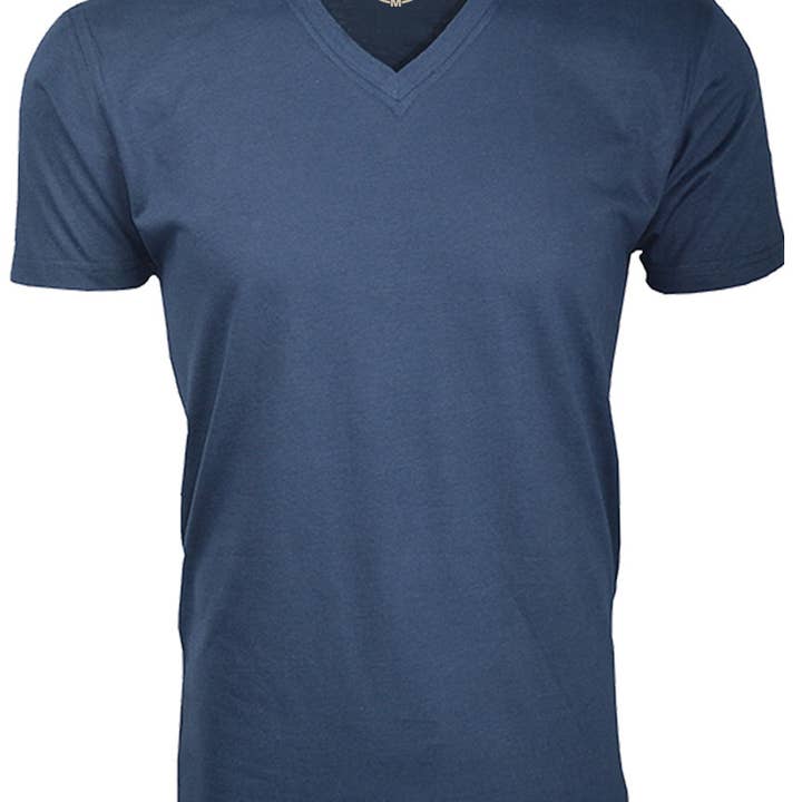 T-shirt col en V en coton biologique bleu marine ORG 150N pour la vente par Ethan Williams