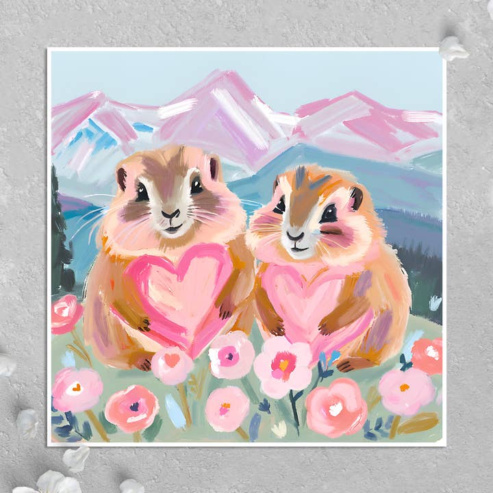 Carte de Saint-Valentin : Deux marmottes des montagnes et des cœurs, je t'aime pour la vente par KalooMoon Art