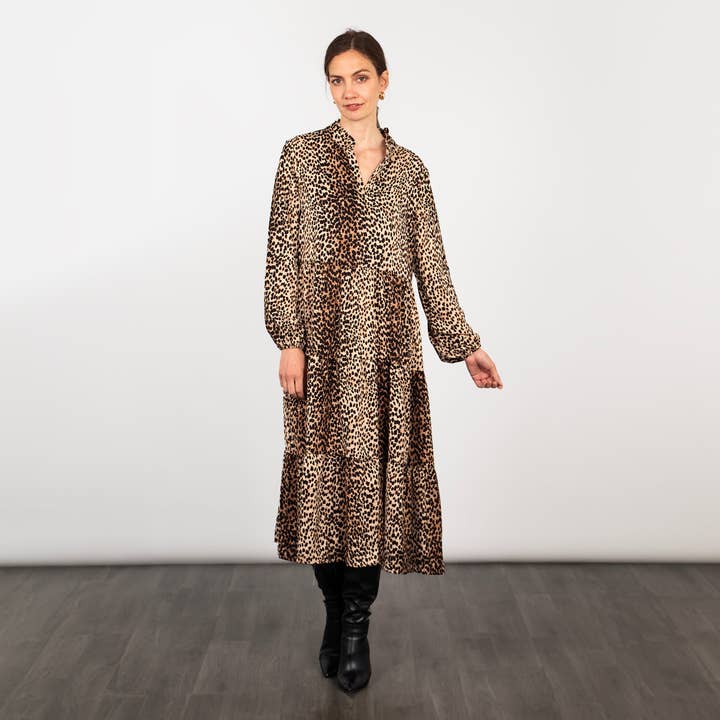 Frankie Midi Tiered Dress - Neutral, Leopard for wholesale by Sarta