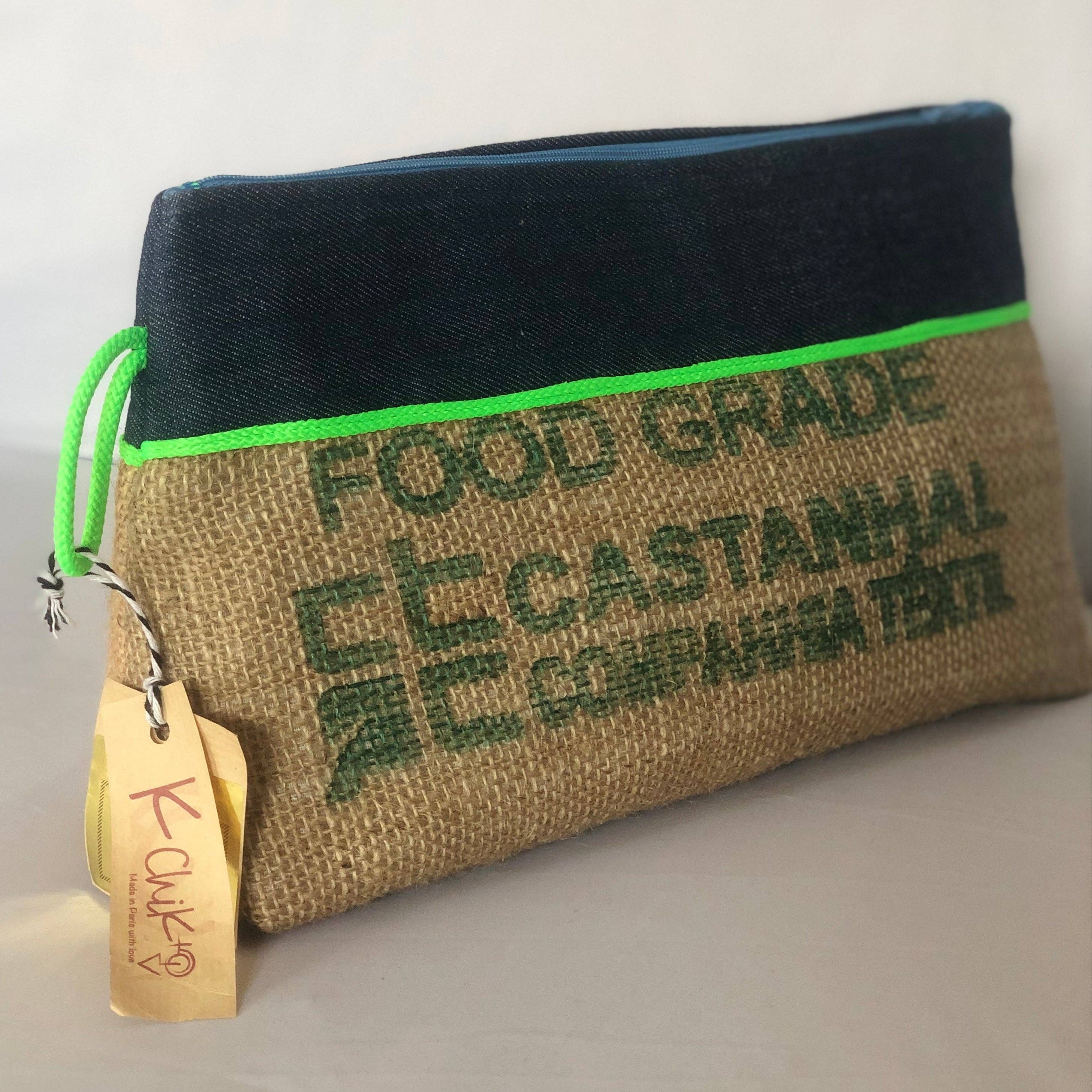 K-chik - Wholesale Pouch - Women's - Pyramid pouch in recycled coffee bag with fabric application, oilcloth, denim.1