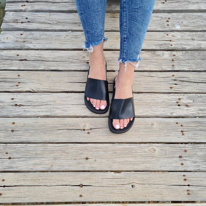 Madammeshushu - Wholesale Sandals - Women's - Black Slider sandals, Greek Leather sandals for women