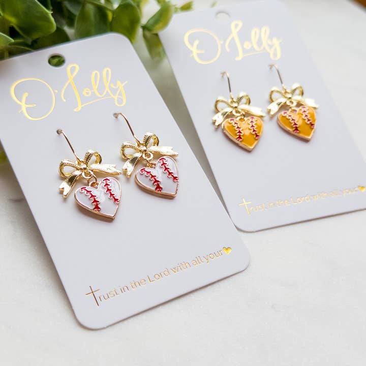 Baseball & Softball Heart Dangle Earrings w/Gold Bow for wholesale by O’Lolly Jewelry