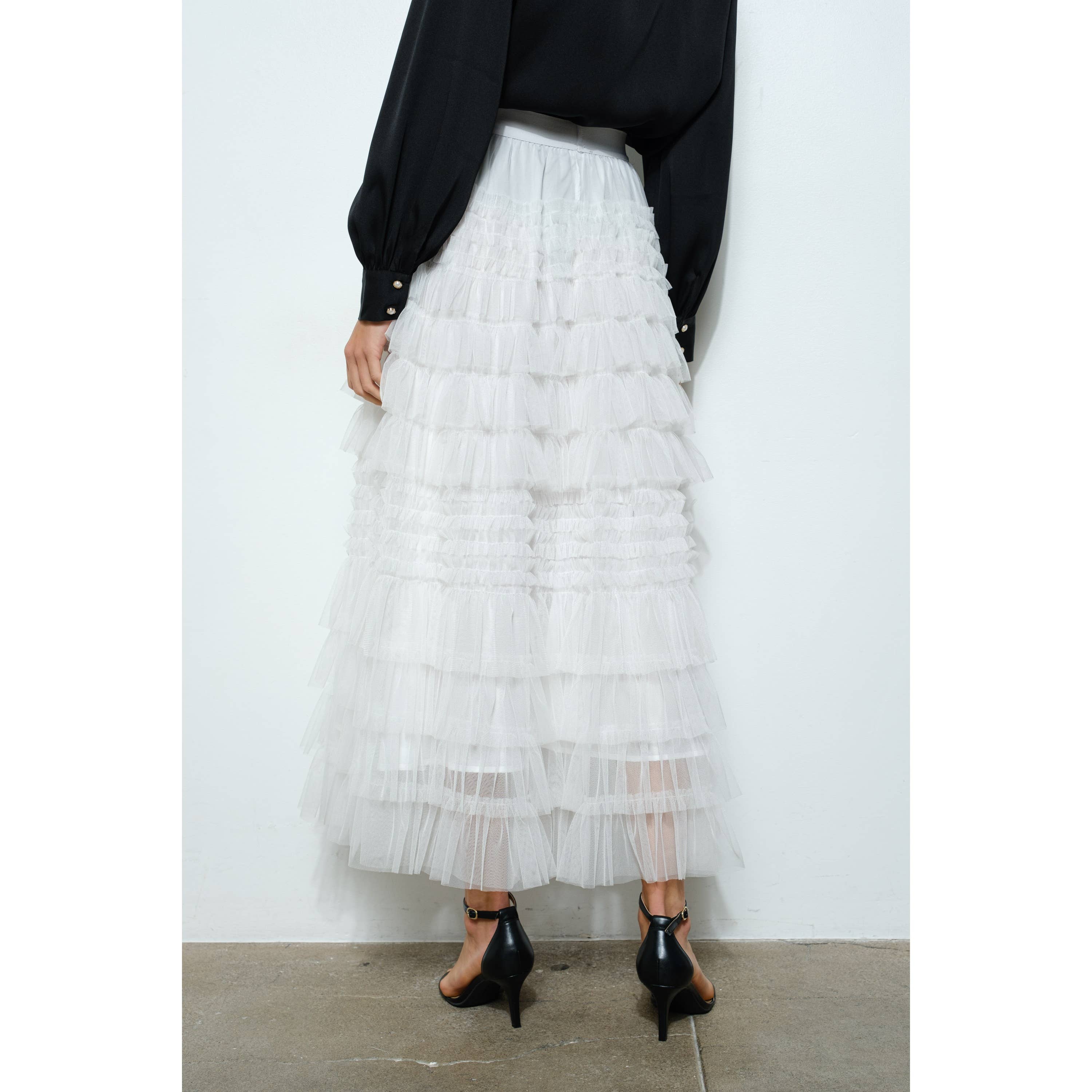 INA - Venta al por mayor Falda - Mujer - Falda Maxi de Tul con Volantes en Capas de Talle Alto4