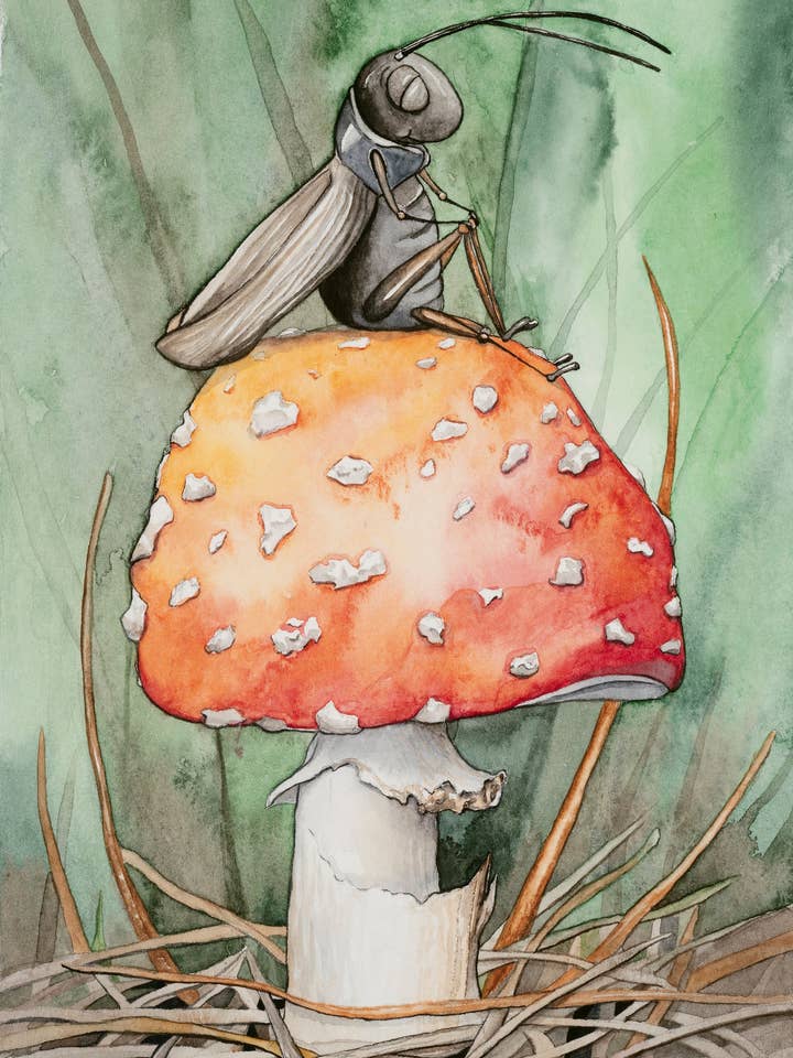 Lucky Bug Giclee Print: Cricket On Red Mushroom for wholesale by Katie Crawford Art
