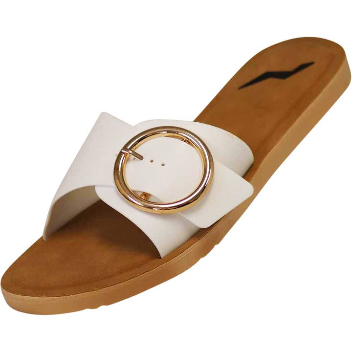 Norty Women's Sizes 5-10 White Buckle Slide 10004 Prepack for wholesale by The Norty Brand