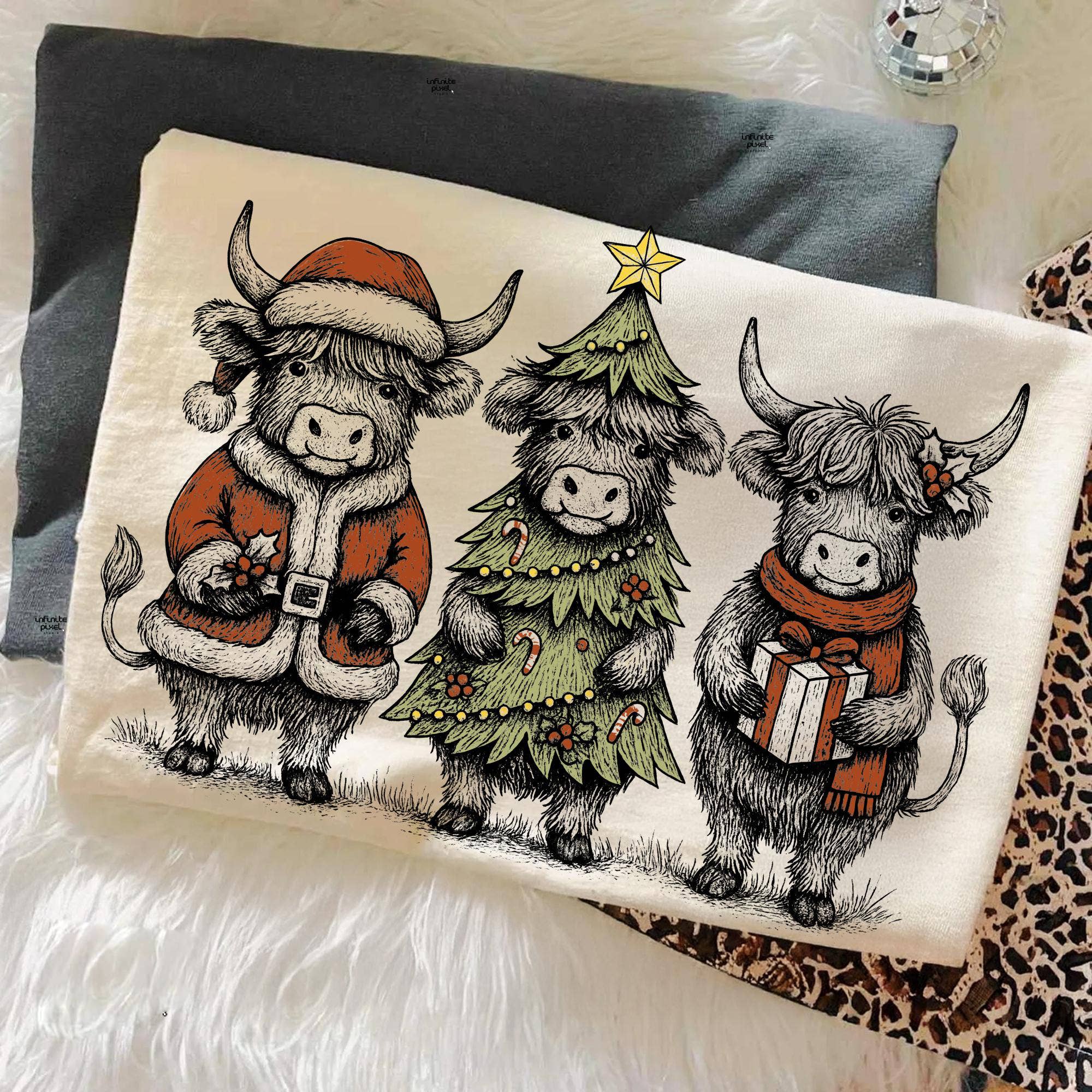 NVC Ecommerce LLC - Wholesale T-Shirt (Graphic) - Women's - Christmas Highland Cow Shirt, Santa Tree Gift Cow Sweater1