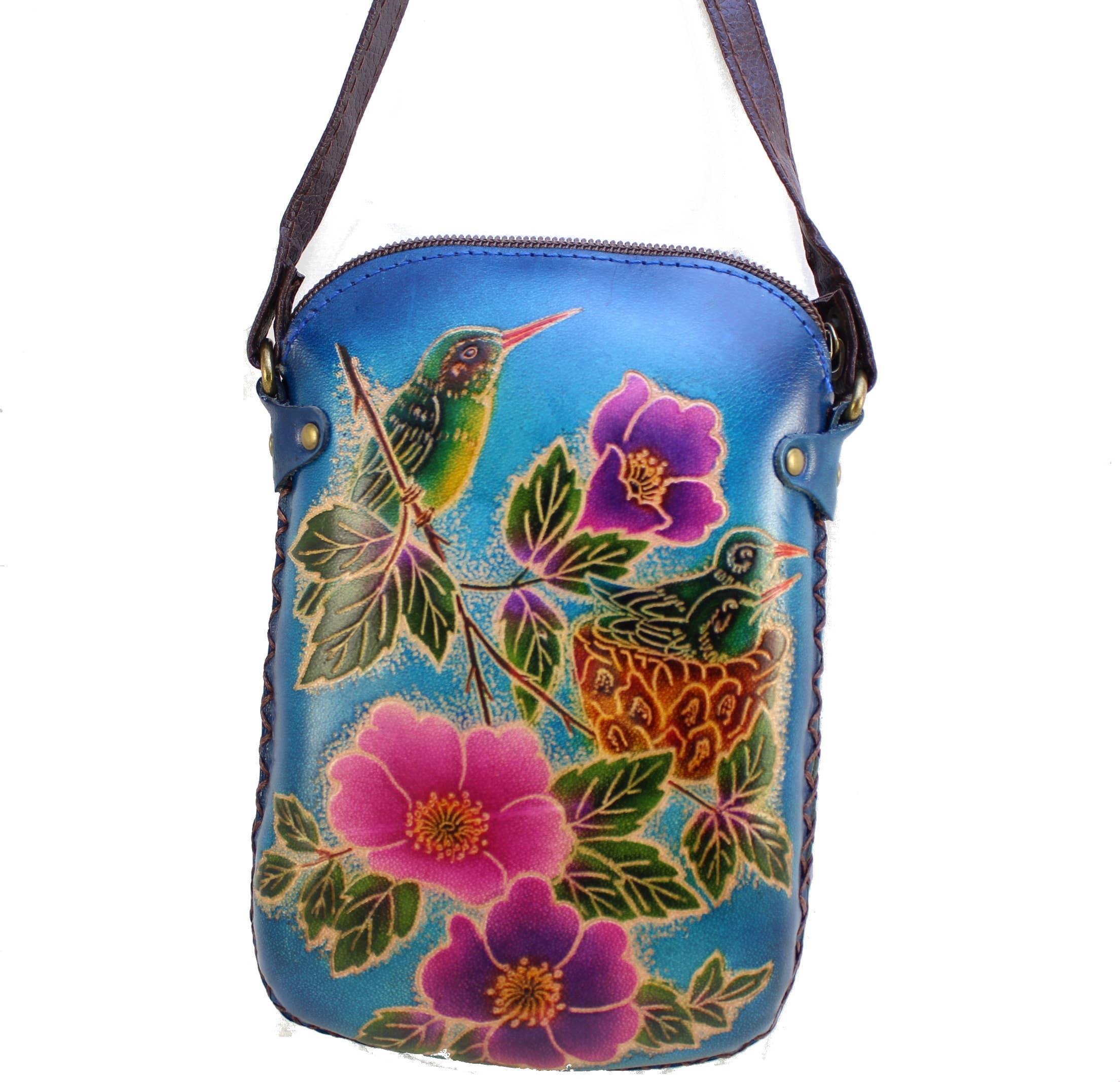 Sunflower Handmade leather inc – wholesale Crossbody bag – Women's – leather Hummingbird Pouch purse handbag crossbody-blue
