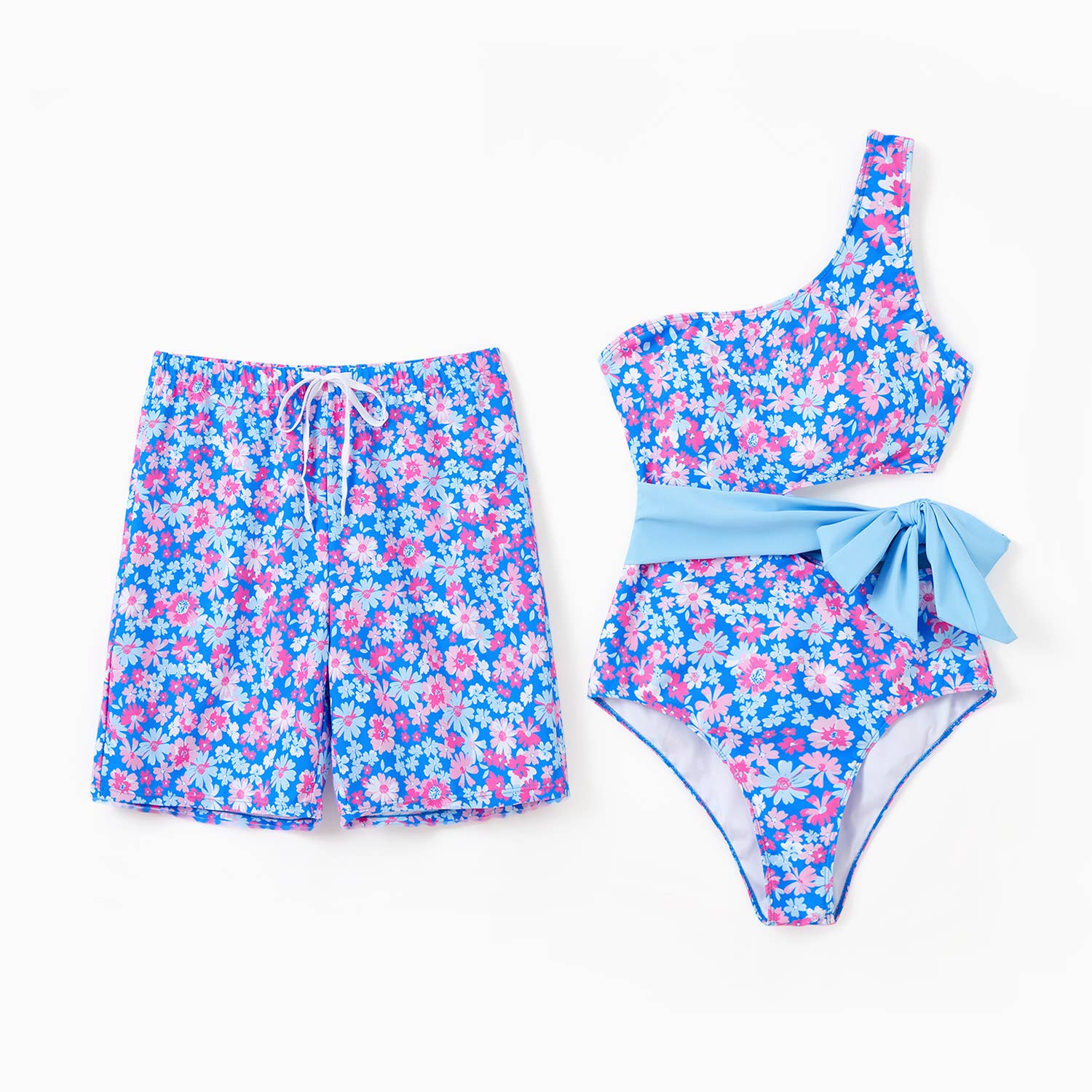 Blue Couple Matching Flora Swim Trunks or One-piece Swimsuit for wholesale on Faire0