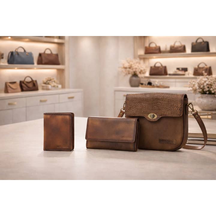 Ensemble d'Essentiels en Cuir Marron Texturé – Portefeuilles & Sac Bandoulière pour la vente par Alta Quero