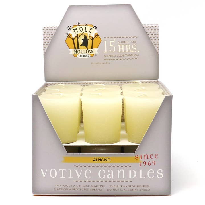 Bougies votives parfumées à l'amande, fabriquées aux États-Unis pour la vente par Mole Hollow Candles