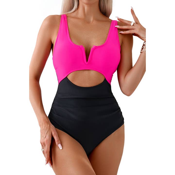 FUCHSIA ZWART Badpak met uitgesneden pasvorm en kleurblokken uit één stuk voor groothandel op Faire1