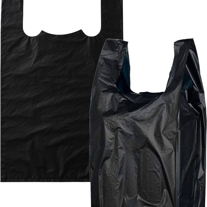 Sacs de courses en plastique noir EcoQuality Grands 12x6,5x22 pouces pour la vente par EcoQuality