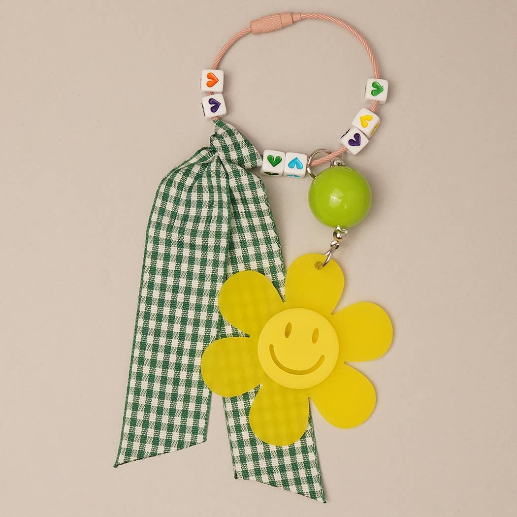 Fashion City – Porta-chaves - Mulher por atacado – Bolsa de Chaveiro Happy Face Flower xadrez com Arco Charme1