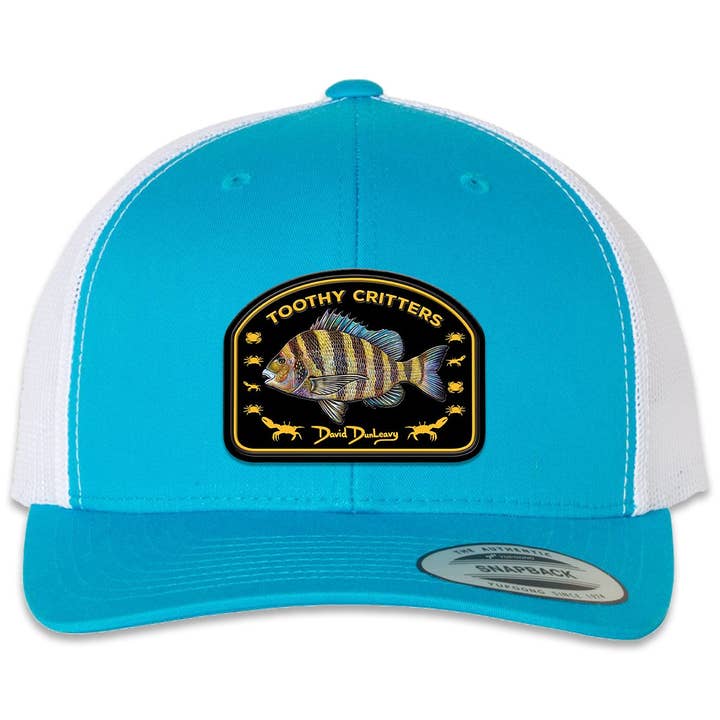Sheepshead Toothy Critters 6 Panel Trucker Snap Back Turquoise White Hat for wholesale on Faire